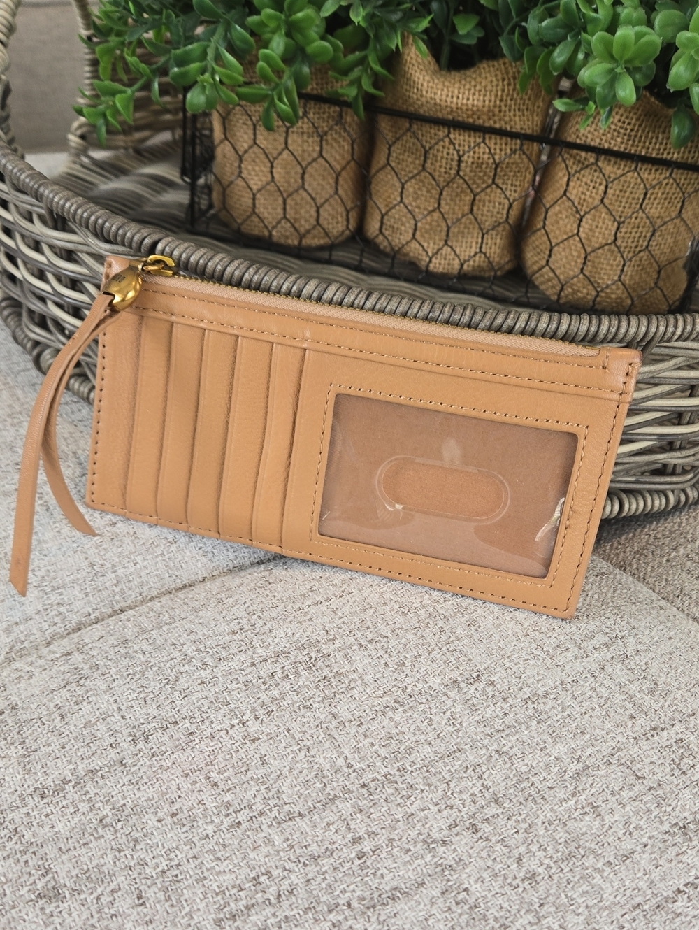 HOBO Tan Leather Card Wallet with Clear ID Window